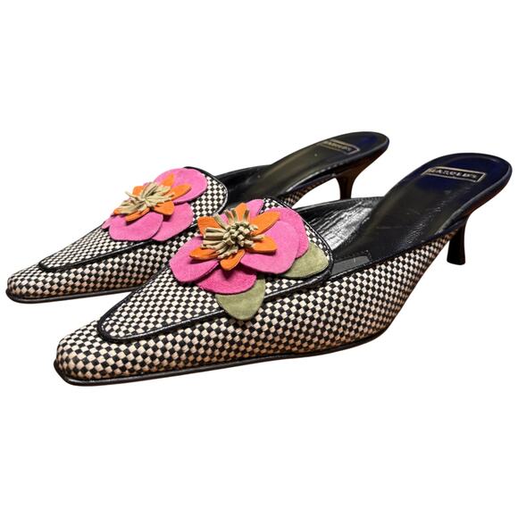 HAROLD'S Women's 8.5M Leather Black White Herringbone Kitten Heel Shoe Mules - Picture 2 of 13